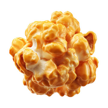Closeup view of golden caramel drizzled popcorn kernel isolated on white background, concept of cinema sweet snack temptation