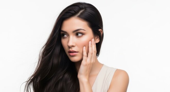 Young woman touching face and looking thoughtful