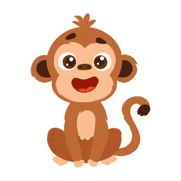 Adorable cartoon monkey with brown fur, big eyes, and a cheerful expression, sitting playfully with a curled tail and joyful pose.