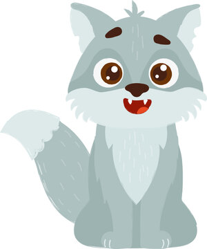 Cute cartoon wolf with gray fur, big eyes, and a friendly expression, sitting upright in a playful and charming pose.