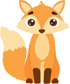 Adorable cartoon illustration of a sitting fox with big eyes, orange fur, and a fluffy tail on a white background.