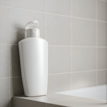 Empty white plastic bottle on bathroom countertop. Empty bottle resting on a light gray tile countertop, next to a white bathtub.