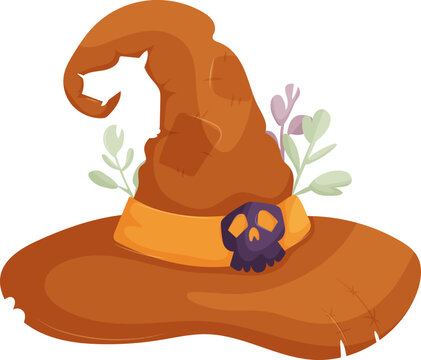 Illustration of a brown witch hat with a skull decoration, herbs, and a tattered design on a white background.