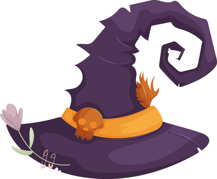 Illustration of a purple witch hat featuring a curled tip, skull accents, orange band, and herbal decorations on a white background.