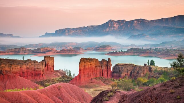 Spring dawn mist red danxia cliff lake at Chenzhou Gaoyi Ridge 4A scenic, quiet empty landscape