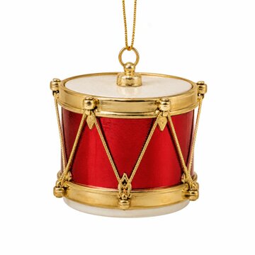 Red and gold Christmas drum ornament hanging on tree. Festive holiday percussion decoration for seasonal home decor.