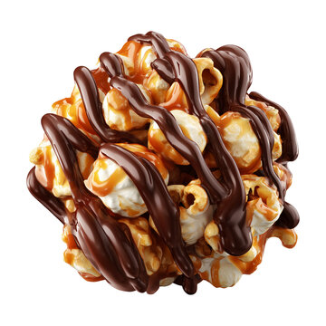 Caramel popcorn kernel coated in rich chocolate, isolated on white background, concept of cinema sweet indulgence