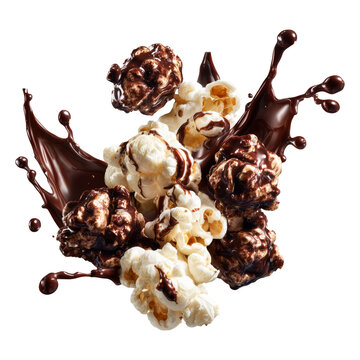 Popcorn kernel pieces with splashing chocolate isolated on white background, conveying sweet cinema snack concept