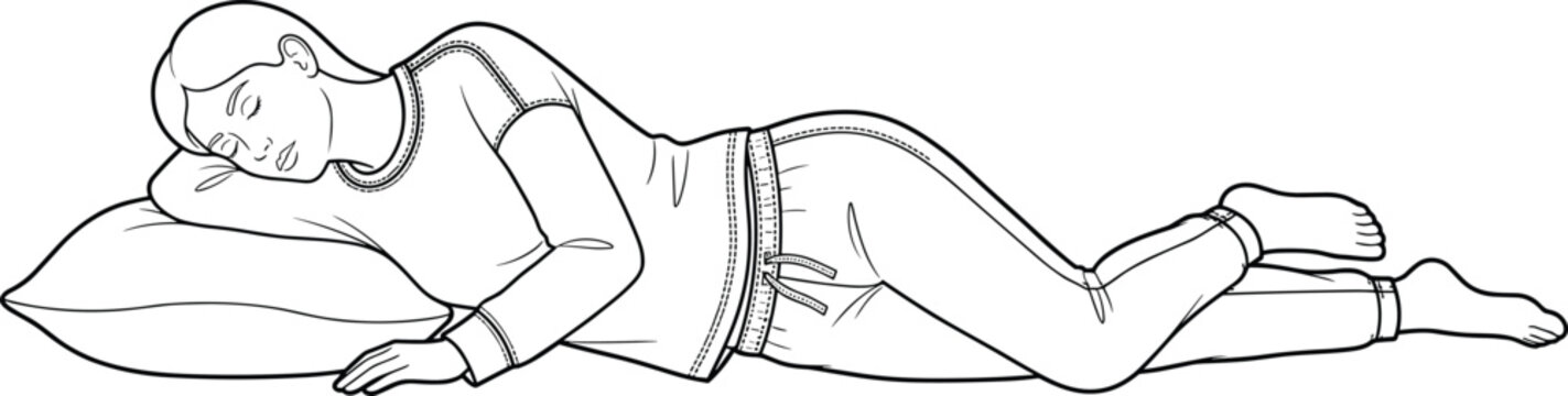 Woman sleeping on side in pajamas vector line art illustration for sleepwear design and technical sketch
