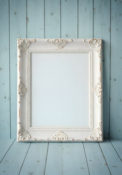 A vintage-style, off-white picture frame with intricate, carved details stands on a light teal wooden floor against a matching wall. Empty frame ready for artwork placement in a home interior.