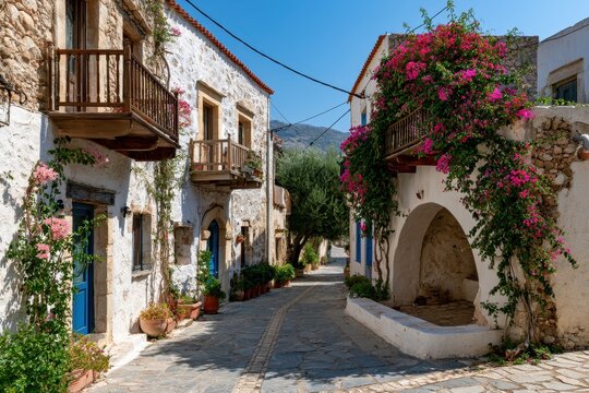 Mediterranean village scene in Archanes: cobbled streets, flowering plants, and timeless Greek architecture