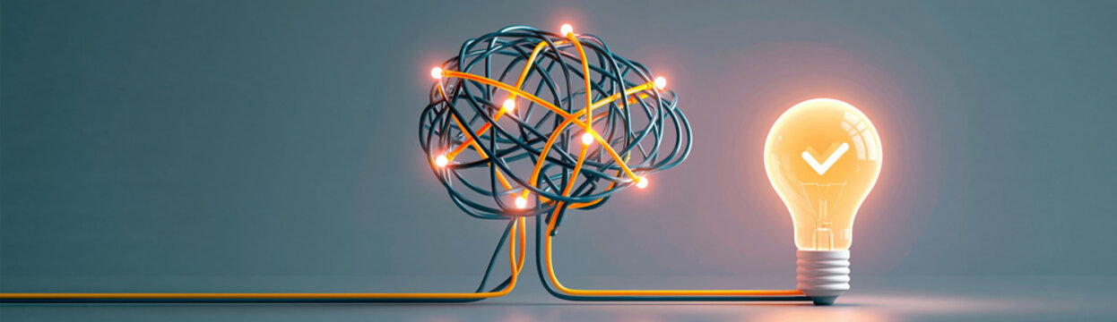 A wireframe brain sculpture connected to a glowing light bulb, symbolizing ideas, creativity, and innovation.