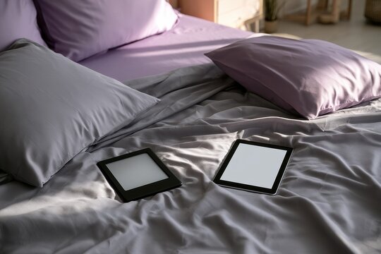 Minimalist bedroom arrangement showing soft microfiber sheets in gray and purple tones with devices on the bed