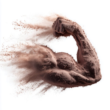 A strong sculpted arm formed from scattered protein powder isolated on white, symbolizing strength, vitality and energy