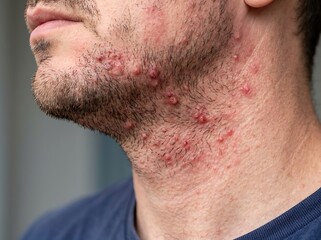 Fototapeta premium Close up view of a man with severe skin irritation and razor bumps on his neck and chin