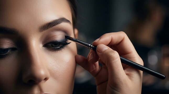 Professional makeup artist applying black eyeliner to a beautiful woman with a fine tip brush