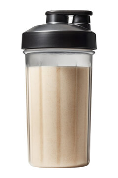 Plastic shaker cup filled with beige protein drink, isolated on white background, concept of nutrition and fitness