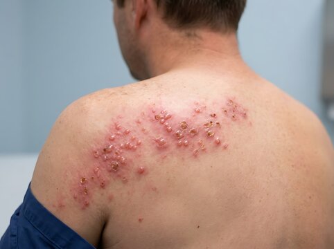 Close up of a man showing a painful shingles rash on his upper back and shoulder area