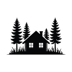 Obraz premium Cozy cabin house in pine tree forest with grass silhouette on white background design element.