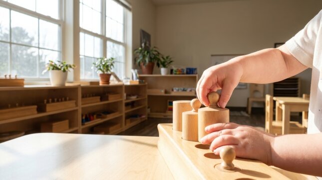 A young child engaging in educational sensory play using wooden cylinder blocks in a sunlit classroom, focusing on fine motor skills and cognitive development in a Montessori learning environment.