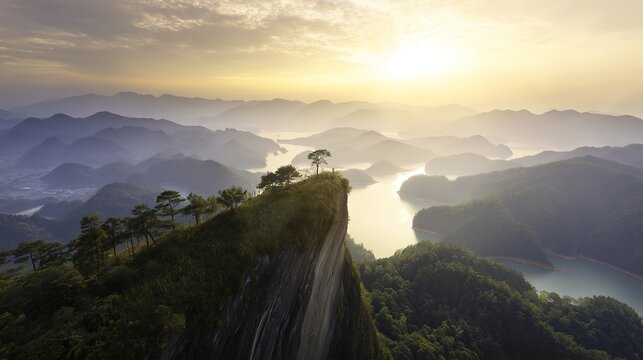 Spring dawn mist red danxia cliff lake at Chenzhou Gaoyi Ridge 4A scenic, quiet empty landscape