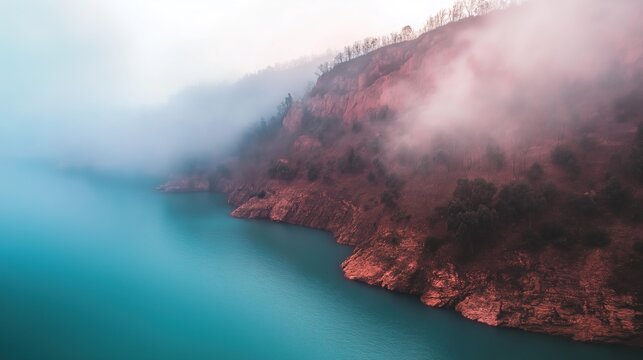 Spring dawn mist red danxia cliff lake at Chenzhou Gaoyi Ridge 4A scenic, quiet empty landscape