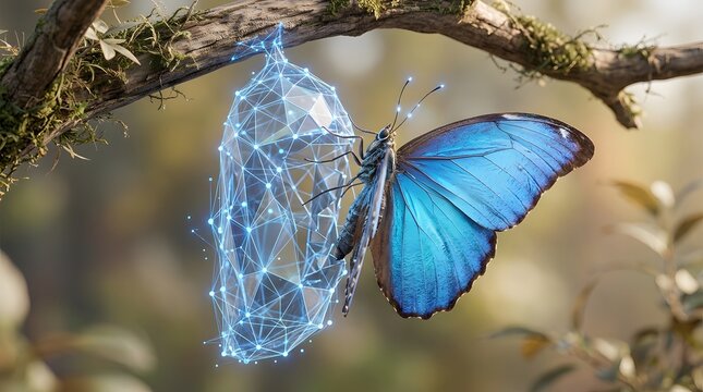 Digital metamorphosis blue butterfly emerging from a glowing wireframe chrysalis