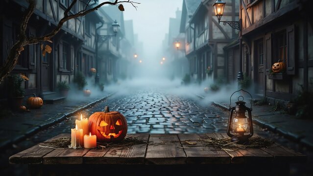 Spooky halloween street scene with a wooden table in the foreground featuring a carved jackolantern, lit candles, and an antique oil lantern