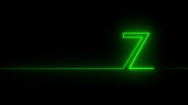 Green neon line forming the number 7 and a horizontal line on a black background seven numeral