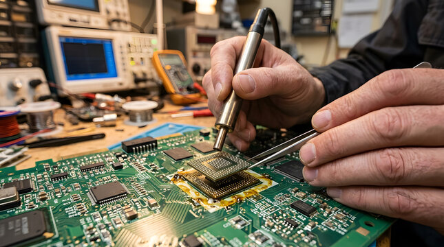 Electronics repair technician using tweezers and a hot air rework station pencil to solder a BGA chip on a circuit board.