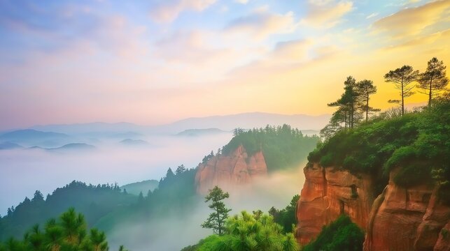 Spring dawn mist red danxia cliff lake at Chenzhou Gaoyi Ridge 4A scenic, quiet empty landscape