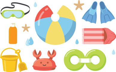 Summer Beach Vacation Icon Set Featuring Inflatable Ball Flippers Goggles Sand Bucket Crab and Swim Ring Elements for Resort Holiday Graphic Designs © Miss