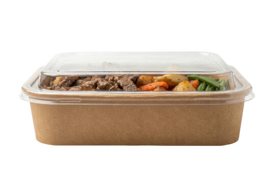 Beef stew in cardboard takeout container with lid