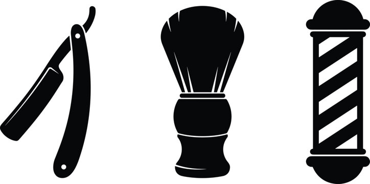 Black and white vector illustration set of barber shop tools including straight razor, shaving brush, and pole