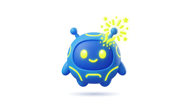 Charming 3D rendered blue robot character with a friendly smile, emitting bright yellow sparks of creativity and innovative ideas, perfect for tech and digital concepts