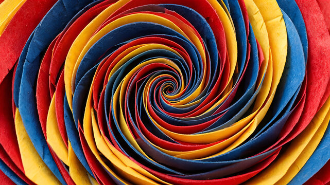 Macro top view of intricately folded colorful paper forming a seamless spiral swirl pattern with primary colors