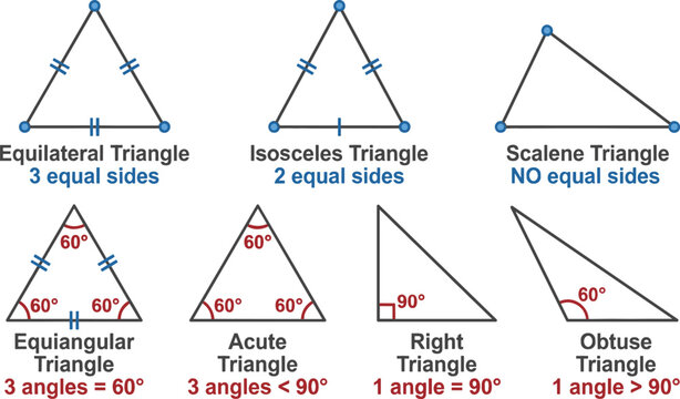 Types of Triangles Geometry Chart Displaying Equilateral Isosceles Scalene Equiangular Acute Right and Obtuse Geometric Shapes Educational Vector