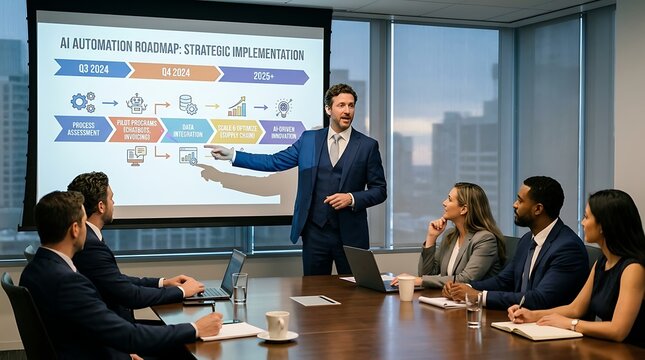 Consultant presenting ai automation roadmap to colleagues in a boardroom