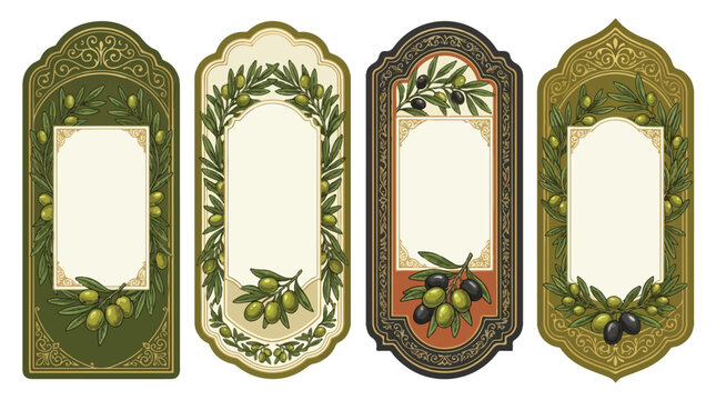 Vintage olive oil packaging label vector set with ornate borders and botanical olive branches isolated on white.
