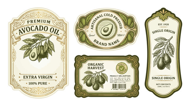 Vintage avocado oil product label vector set with hand-drawn fruit and ornate golden borders isolated on white.