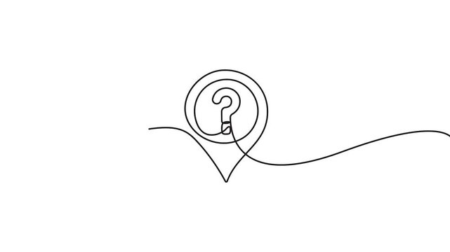 Question mark map pin continuous line drawing 4k animation concept. Question mark map pin line art animation for location concepts.