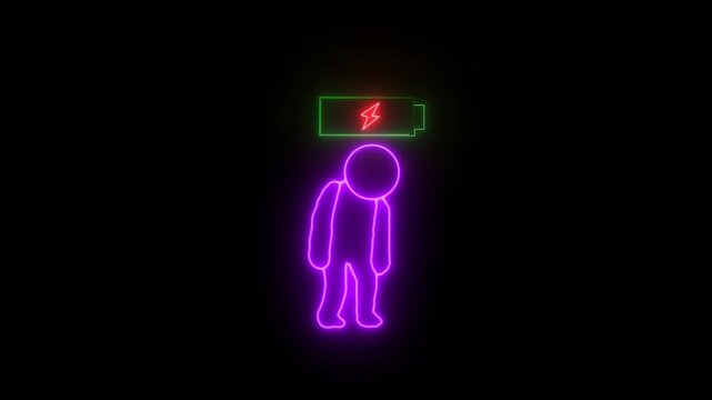 Glowing Neon Outline Character Feeling Tired and Recharging Battery Motion Graphics animation...