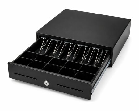 Empty black cash drawer for retail checkout system. Secure money storage tray with organized coin and bill compartments.