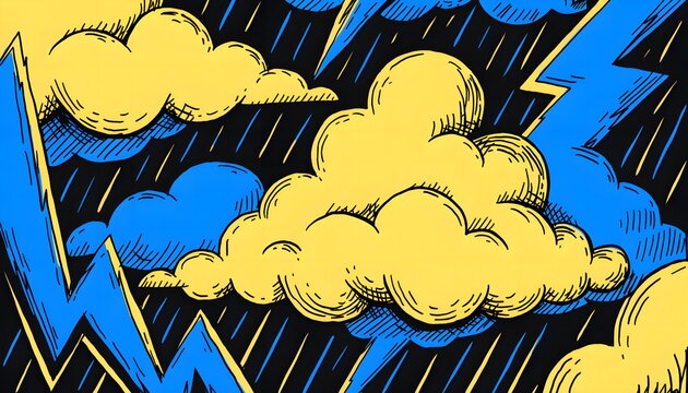 Comic style pop art pattern with electric blue clouds and yellow lightning bolts for vector design element