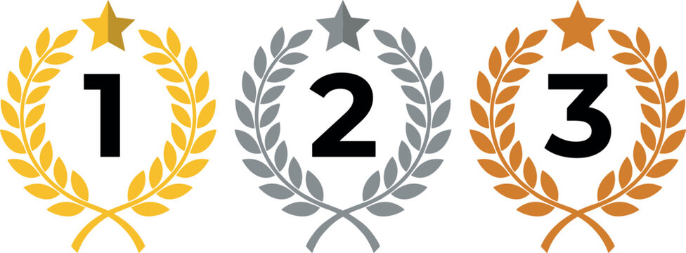 Laurel Wreath Award Icon Set Featuring First Second and Third Place Ranking Numbers with Stars for Championship Trophies and Corporate Recognition Designs