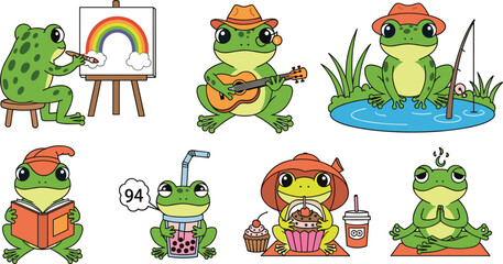 Fototapeta premium Frogs Engaging in Various Activities Like Painting, Playing Guitar, Fishing, Reading, Drinking, Eating, and Meditating