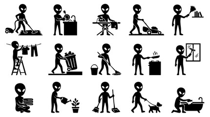 Obraz premium Funny Alien Character Performing Household Chores and Daily Activities Icon Set