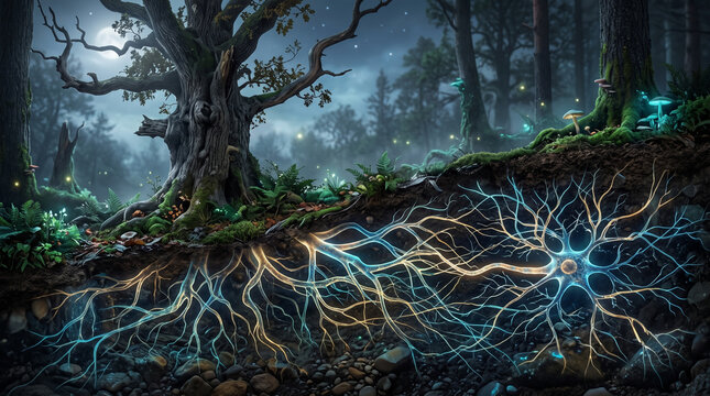 Glowing underground root system of an old tree connecting to a central node
