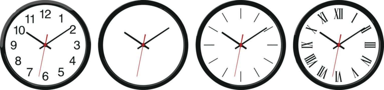 Set of round wall clock icons with arabic numbers roman numerals and blank dials vector illustration elements