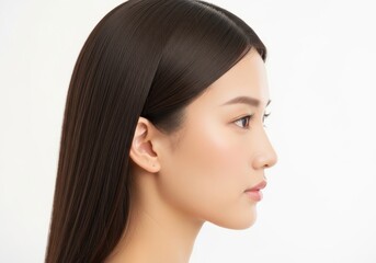 Obraz premium Young woman with long brown hair in side profile view